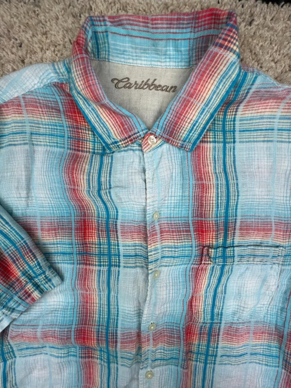 Caribbean Linen Blend Hawaiian Shirt Button Up Blue Red Mens XL Short Sleeve